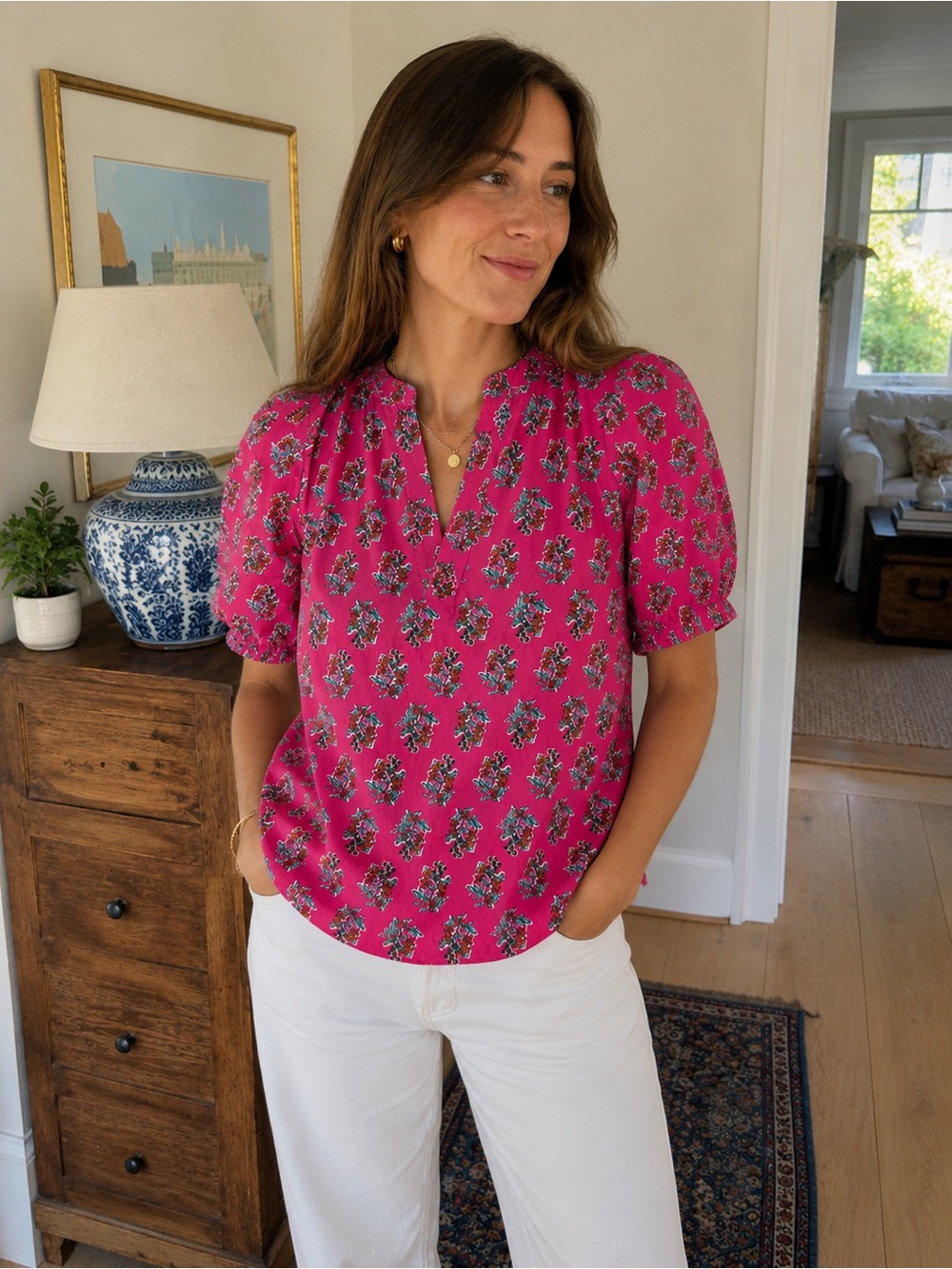 J. Crew Pink Floral Linen Short Sleeve Size XS